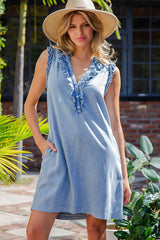 The Aspen Snow Washed Ruffle Denim Dress