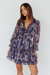 Laney Cutout Back Ruffle Detail Floral Dress Navy