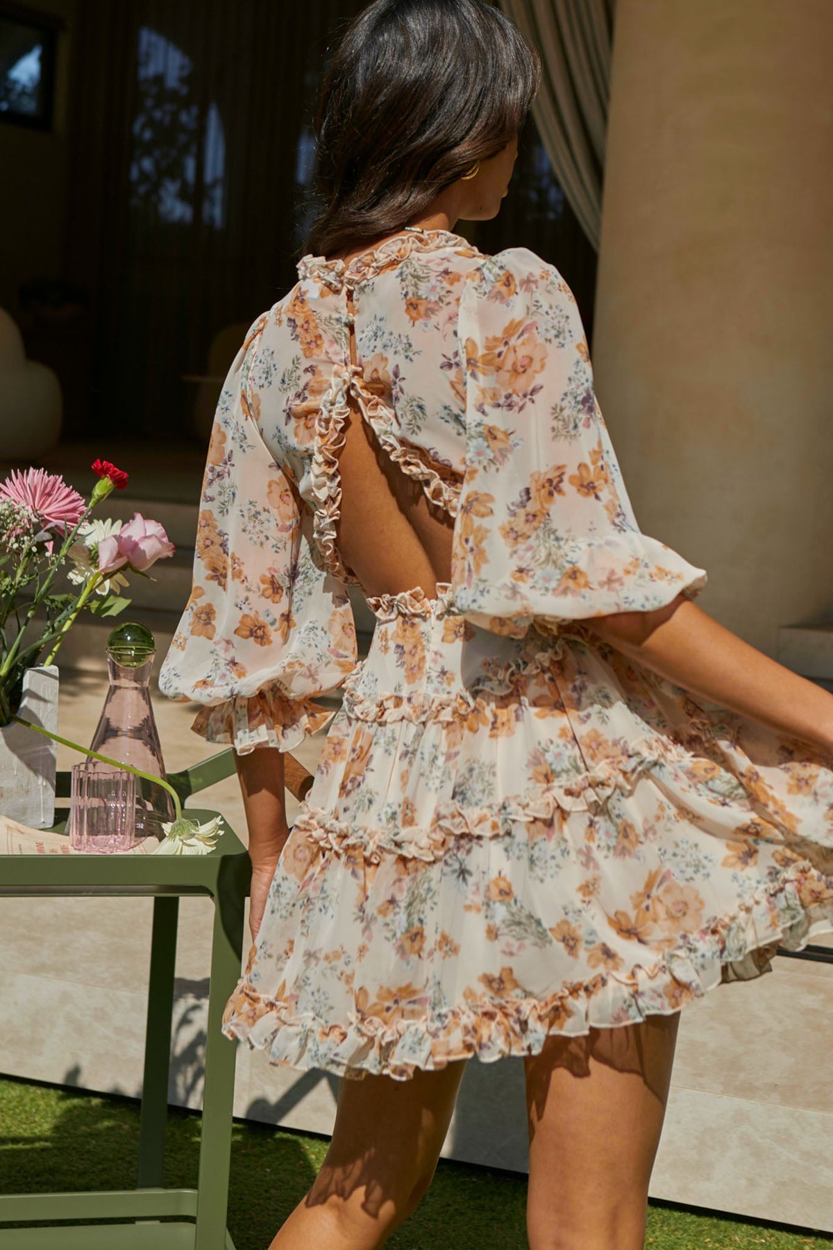 Laney Cutout Back Ruffle Trim Dress Vintage Floral Print Beige