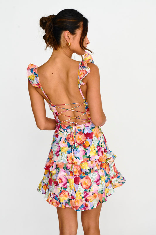 Moonlit Moment Ruffle Trim Lace-Up Back Dress Floral Red