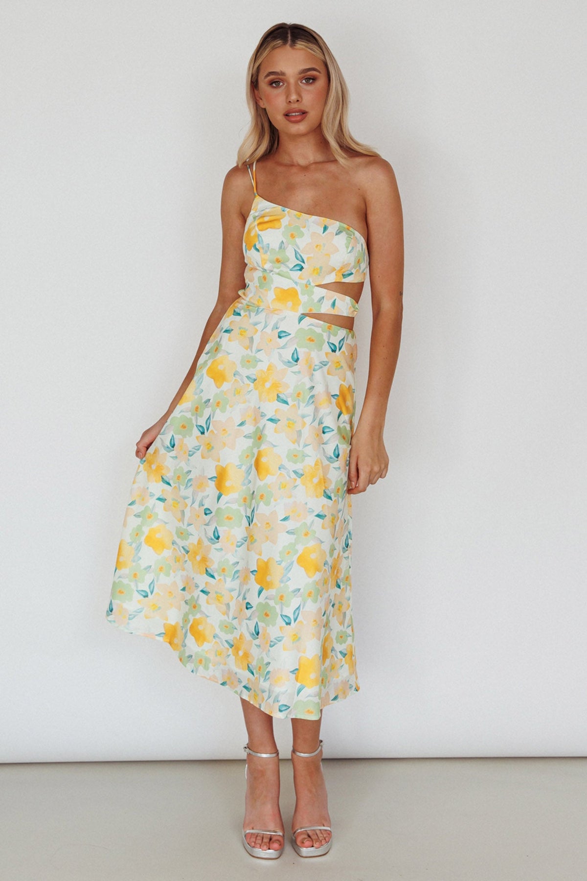 Halia One-Shoulder A-Line Midi Dress Floral Yellow