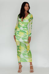 Chardae Long Sleeve Mesh Midi Dress Floral Green