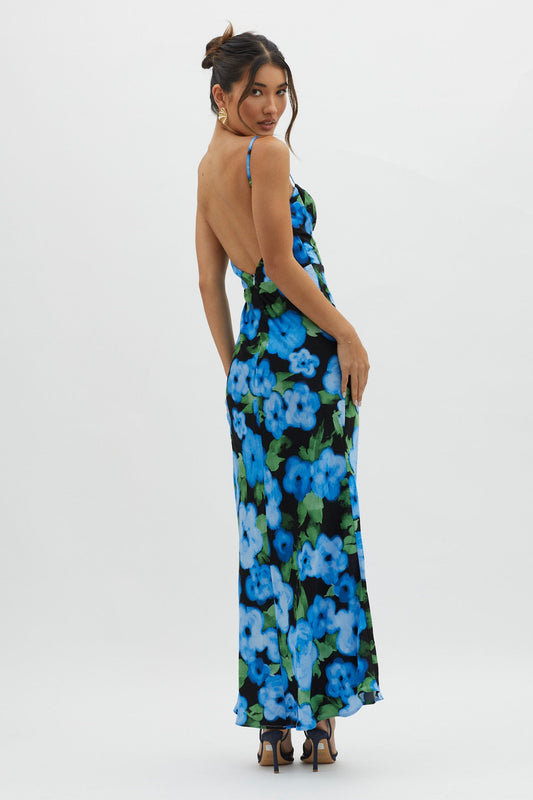 Kasha Low Back Maxi Dress Floral Blue