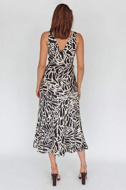 Turin V-Neckline Print Midi Dress Black