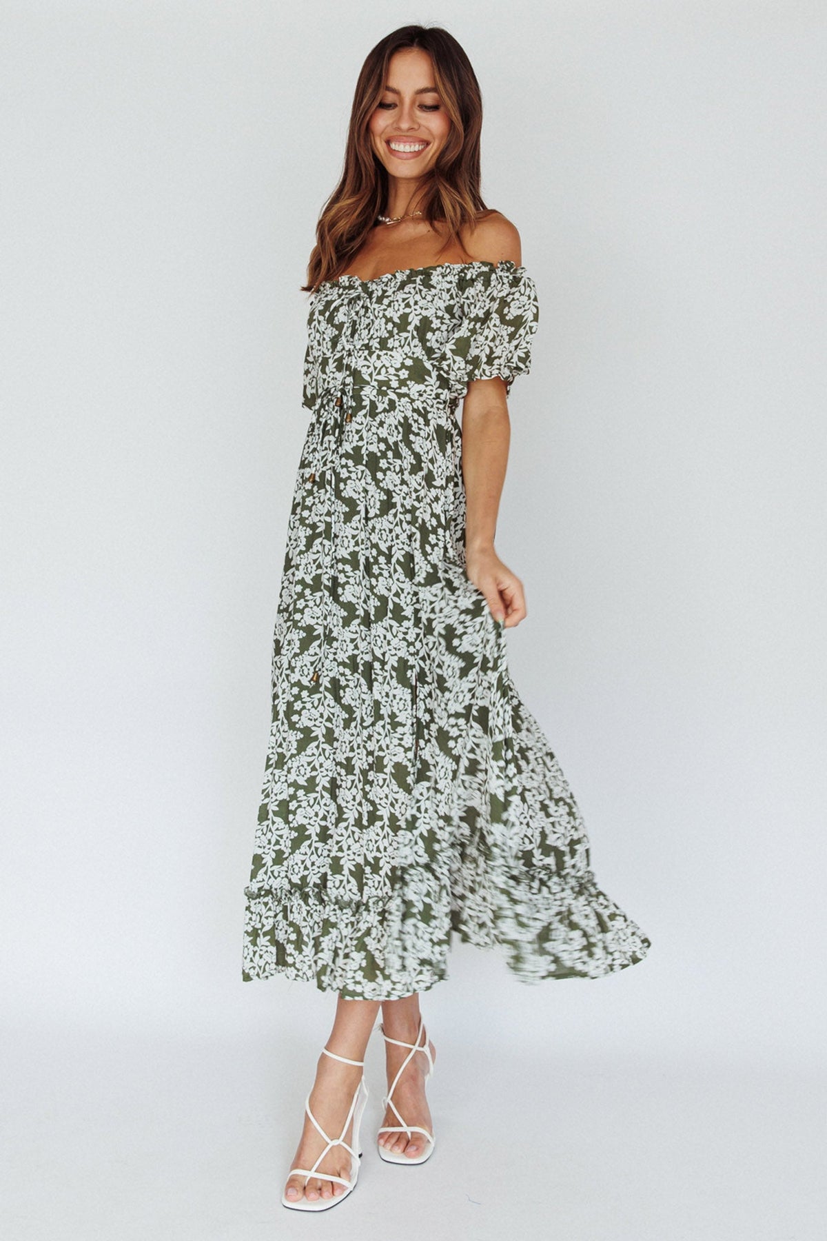 Voyager Off-Shoulder Bell Sleeve Midi Dress Floral Green