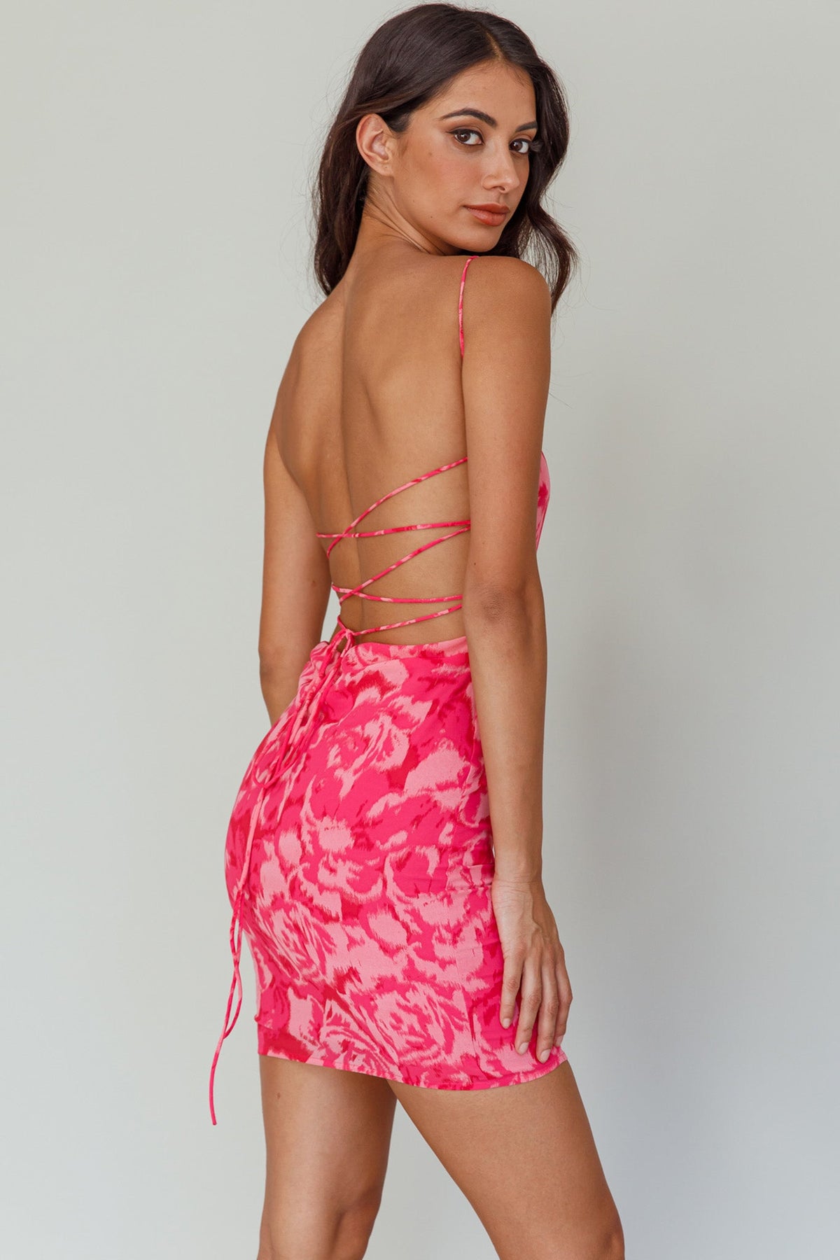Spring Fever Lace-Up Back Mini Dress Floral Pink