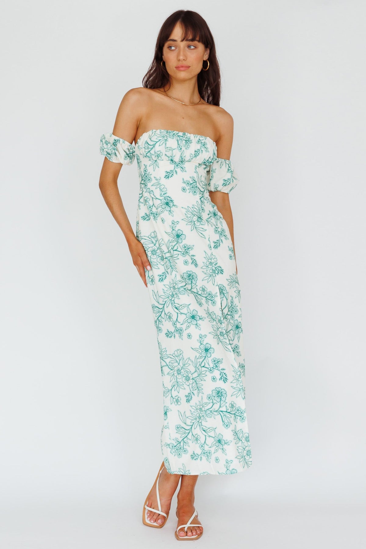 Olivier Off-Shoulder Midi Dress Floral Green