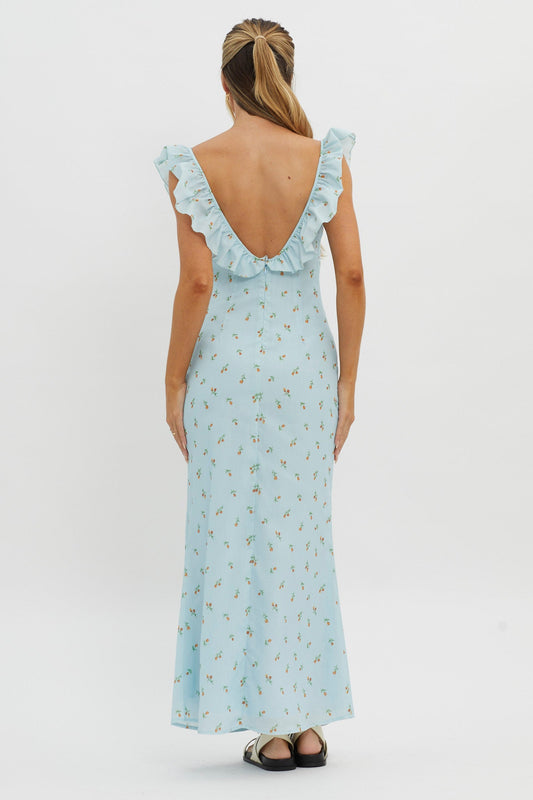 Merci Beaucoup Frill Neckline Maxi Dress Blue