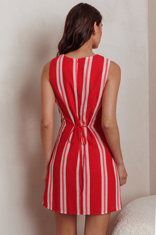 Kalena Faux Placket Mini Dress Stripe Red