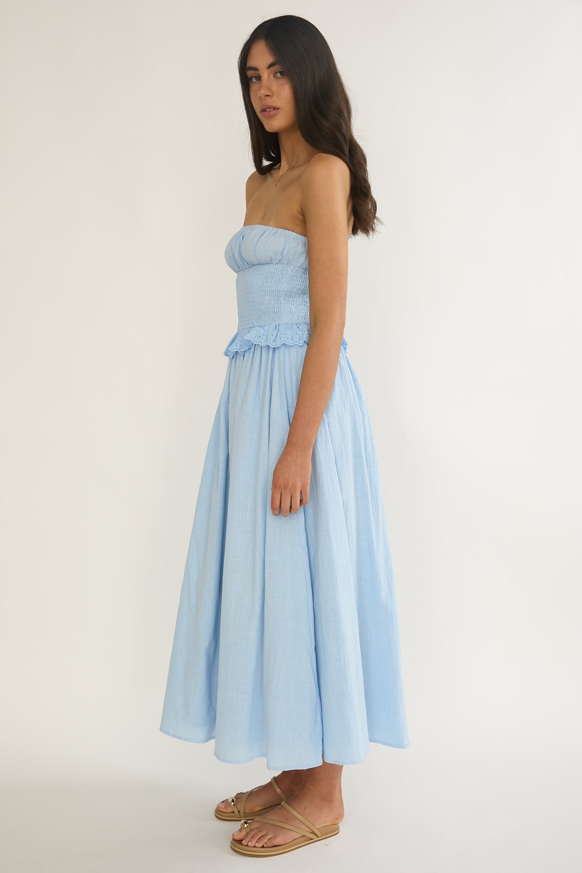 Lija Strapless Shirred Bodice Midi Dress Light Blue