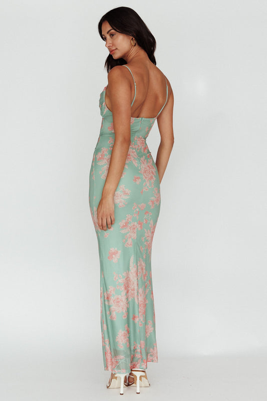 Teava Laced Waist Maxi Dress Floral Green
