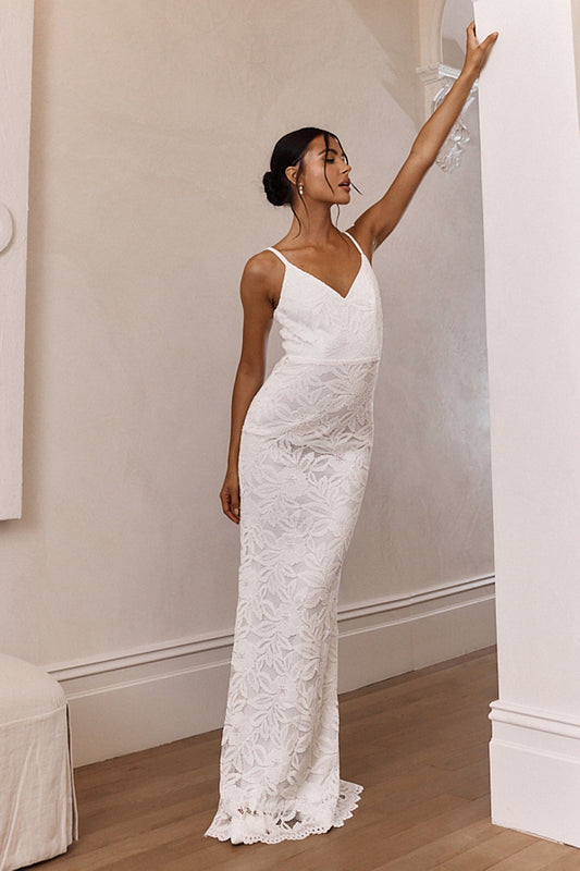 Honey Blossom Keyhole Back Lace Maxi Dress White