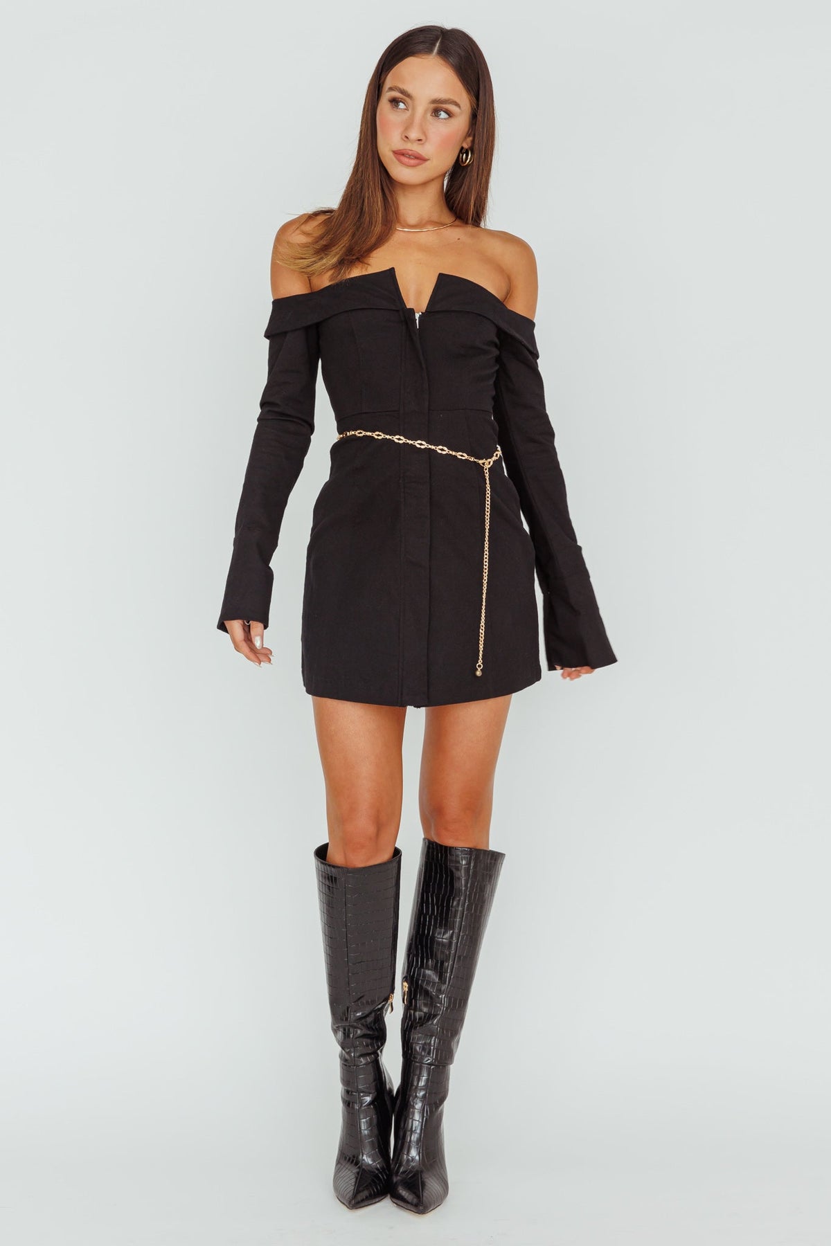 Tamra Long Sleeve Off-Shoulder Zip Dress Black