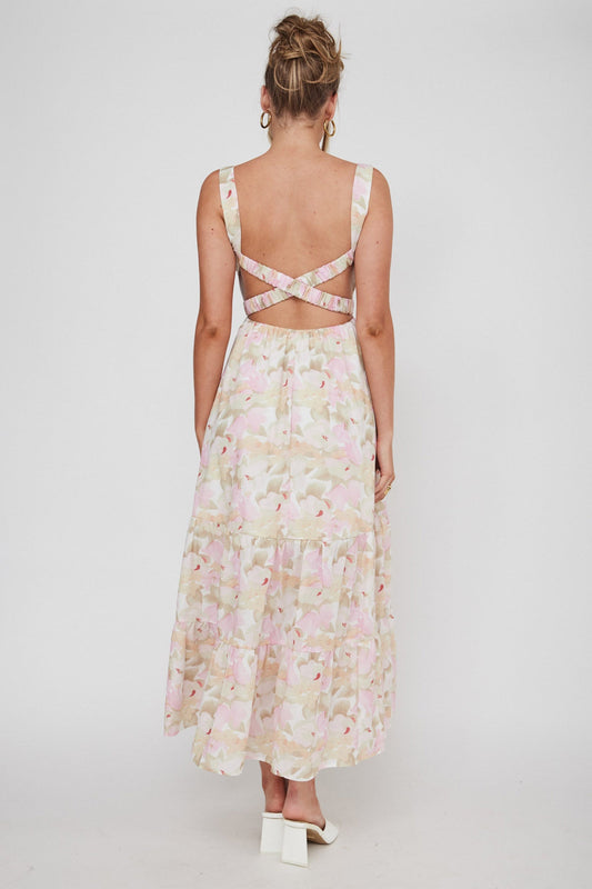 Lisseth Foldover Neckline Midi Dress Floral Pink