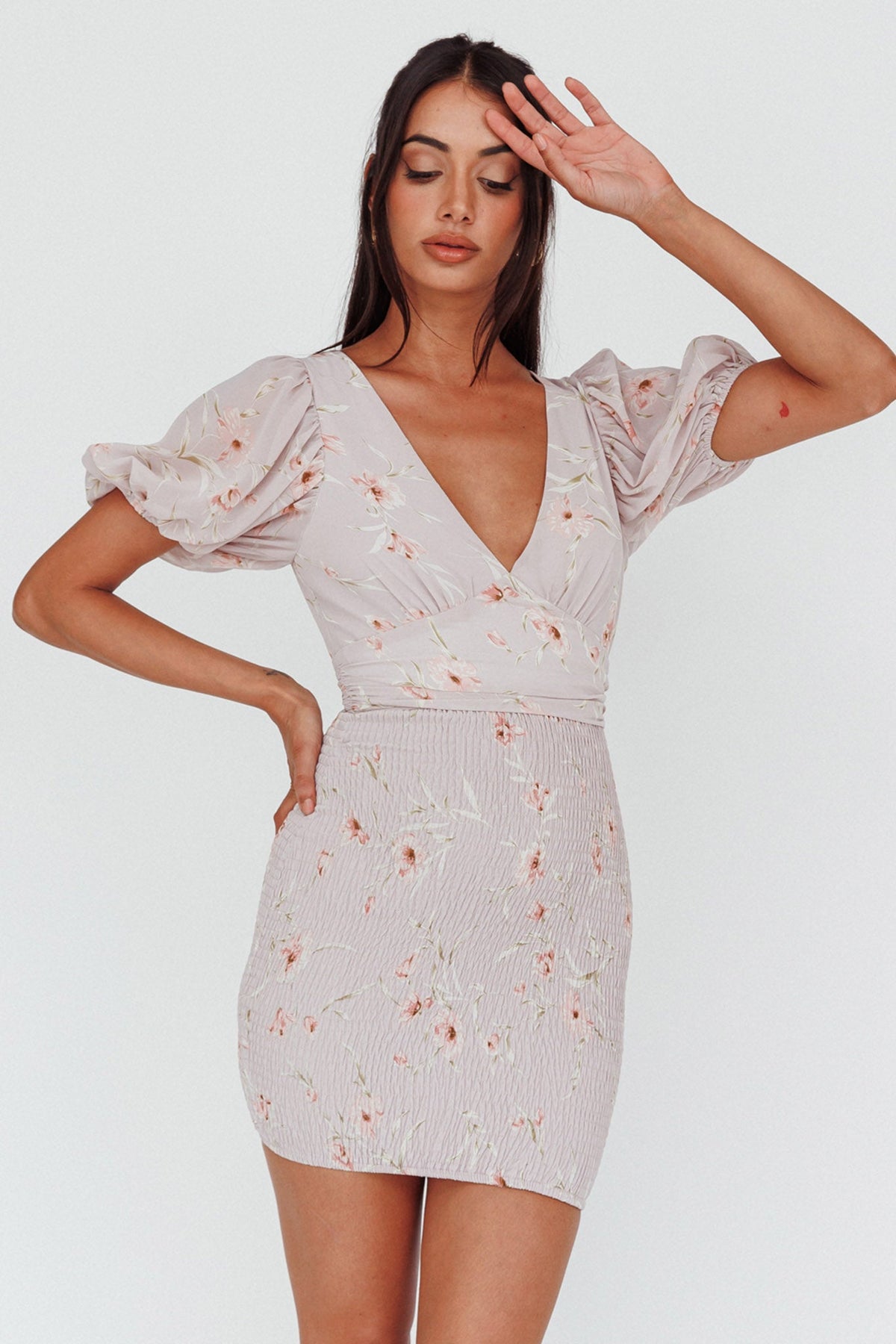 La Nena Shirred Mini Dress Floral Blush