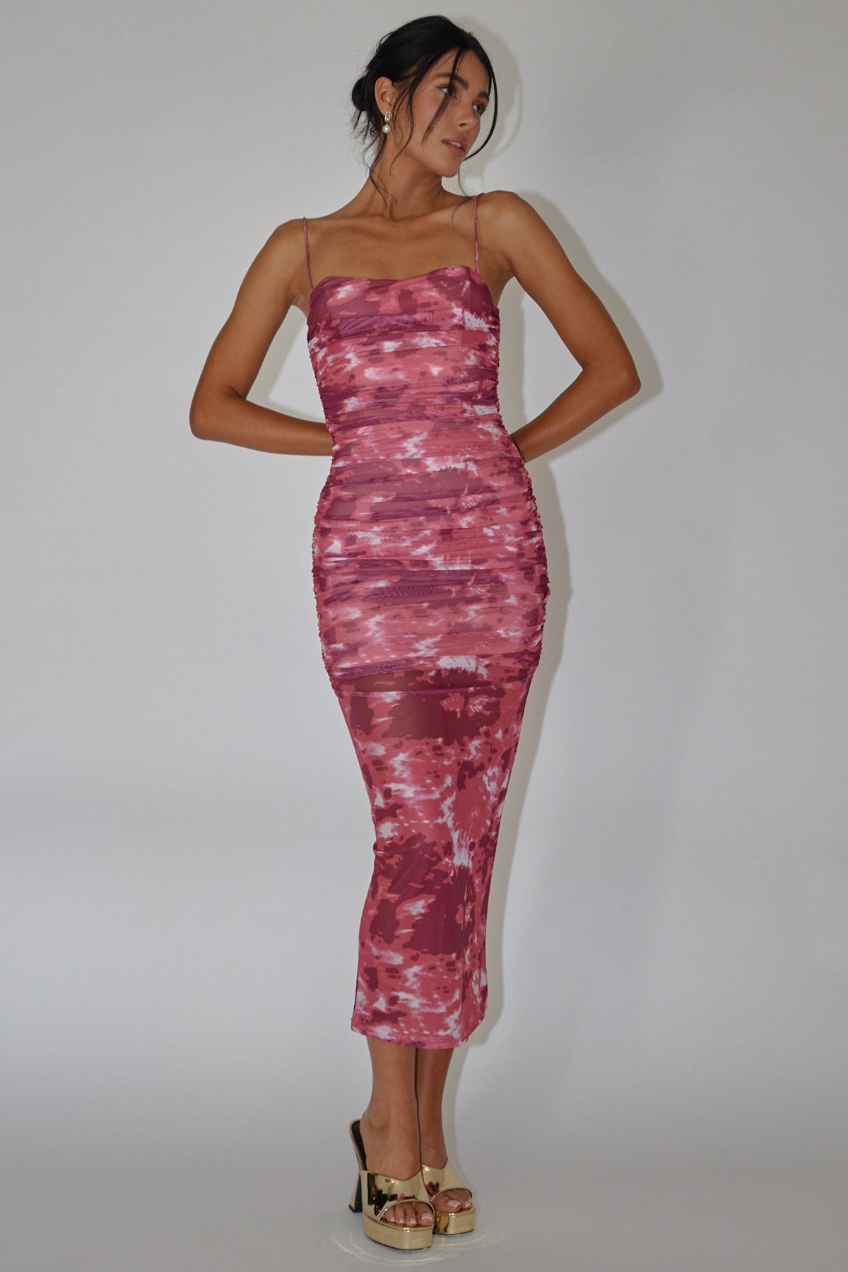 Logan Strapless Ruched Midi Dress Print Wine