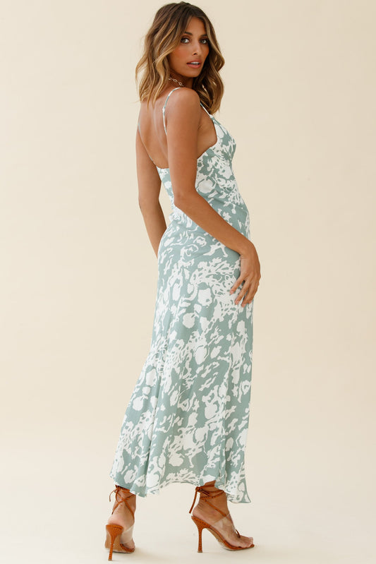 Downtown Cami Strap Front Split Midi Dress Stencil Print Sage