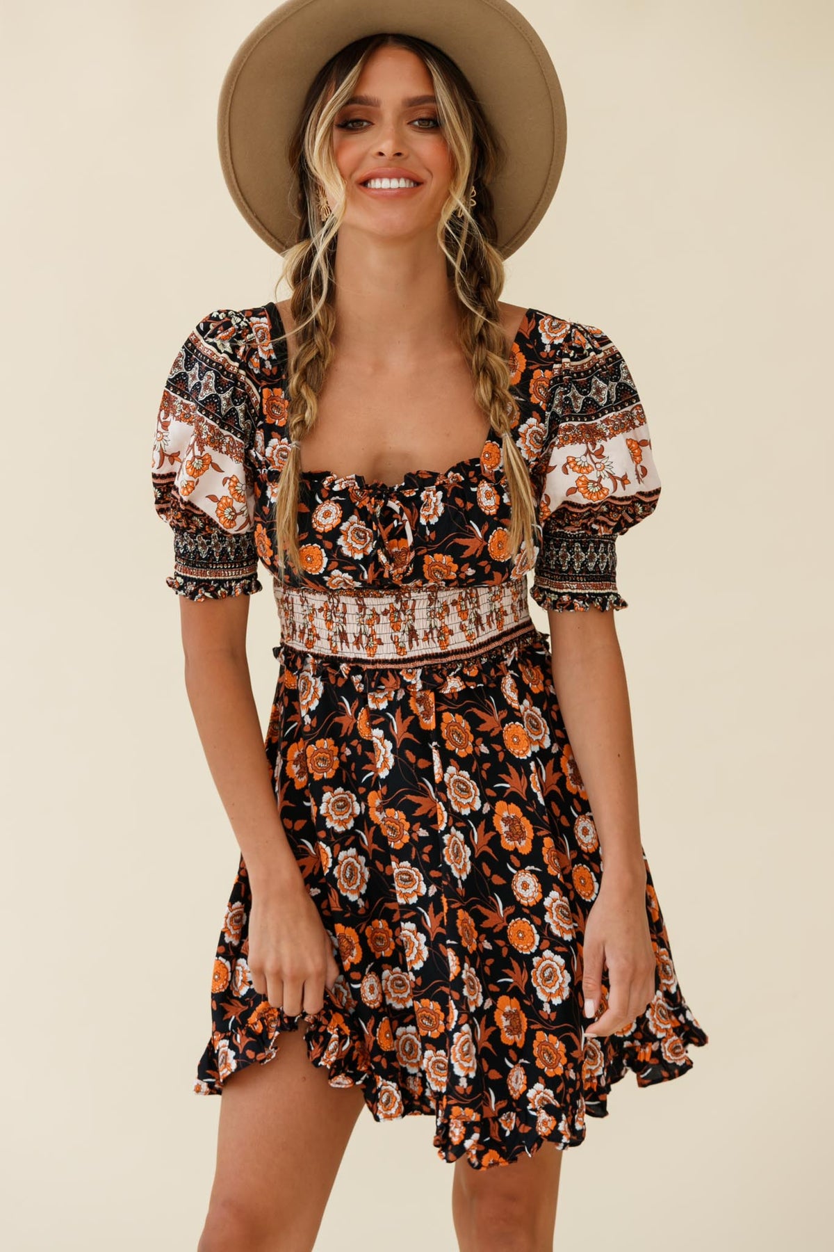 Summer In Paris Puff Sleeve Open Back Dress Floral Print Black Multi