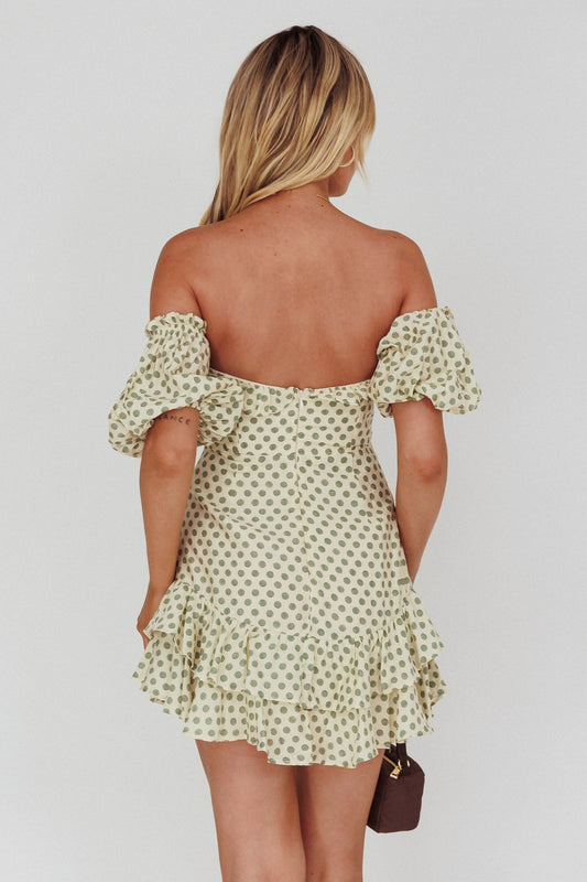 Homecoming Queen Sweetheart Neckline Puff Sleeve Dress Polka Dot Green