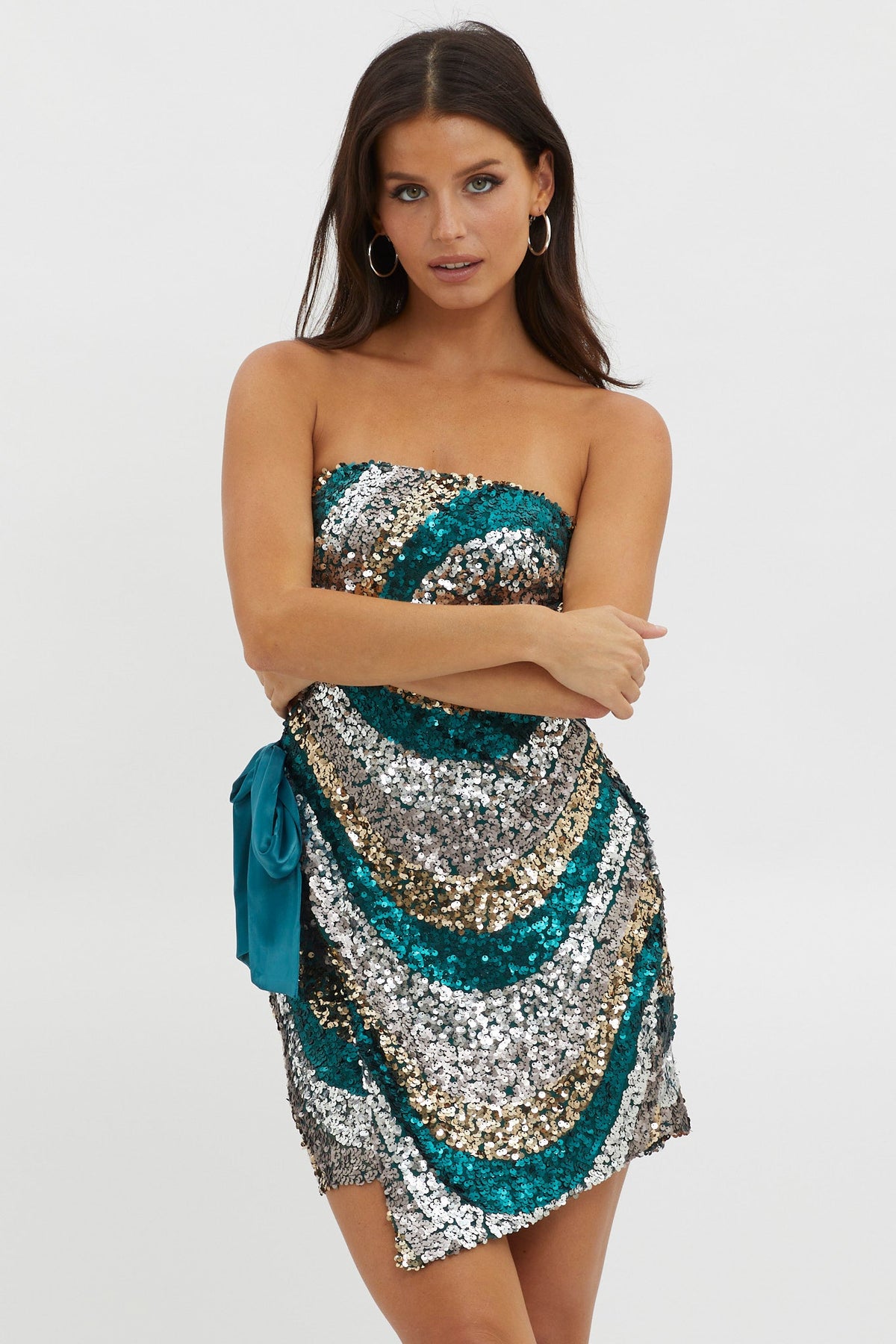 Eyes For You Waist Tie Mini Dress Sequin Green