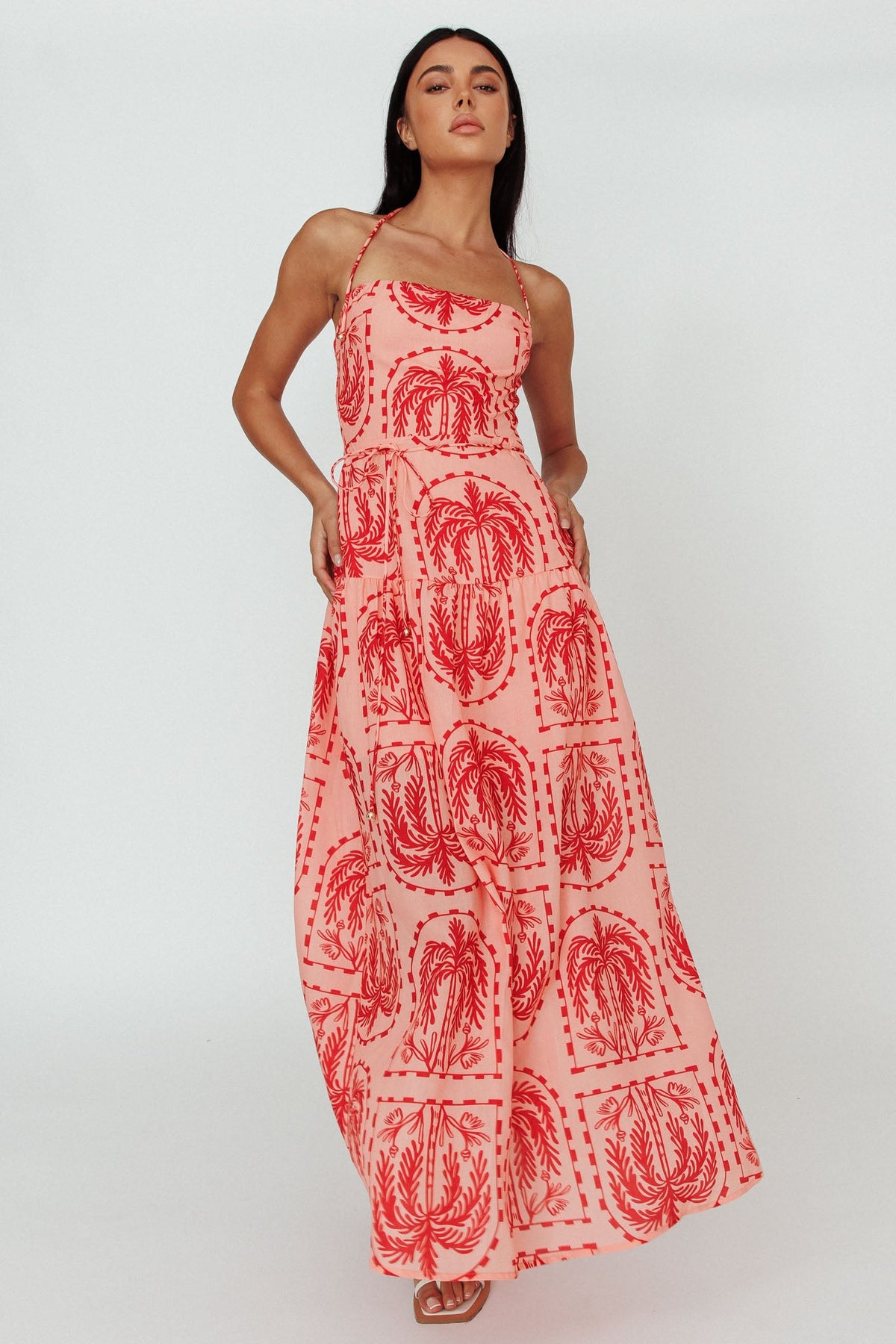 Natasia Halterneck Maxi Dress Palm Print Red