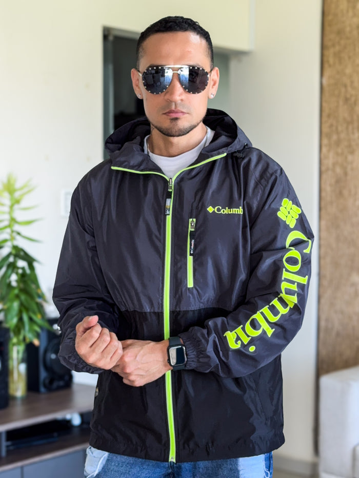 Chaqueta Rompevientos Columbia Premium Bi-color Plomo/Negro neon