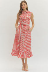 Striped Wrap Front Sleeveless Midi Dress