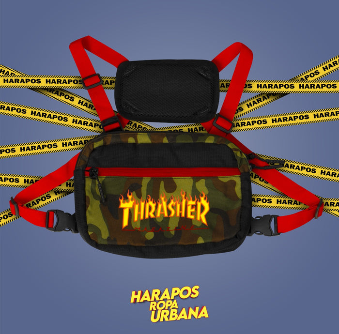 Pechera thrasher camuflada verde cierre rojo