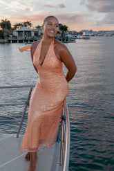 Eisley Halter Midi Dress - Orange Sequin