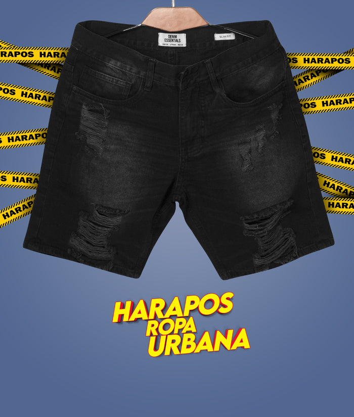 Short jean essentials negro triple rasgado