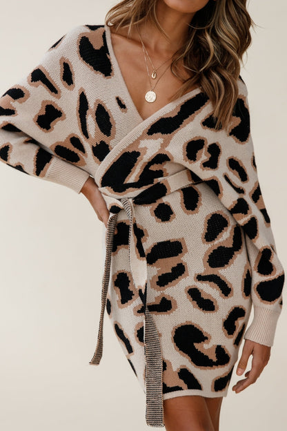 Cameo Batwing Knit Dress Animal Print Beige