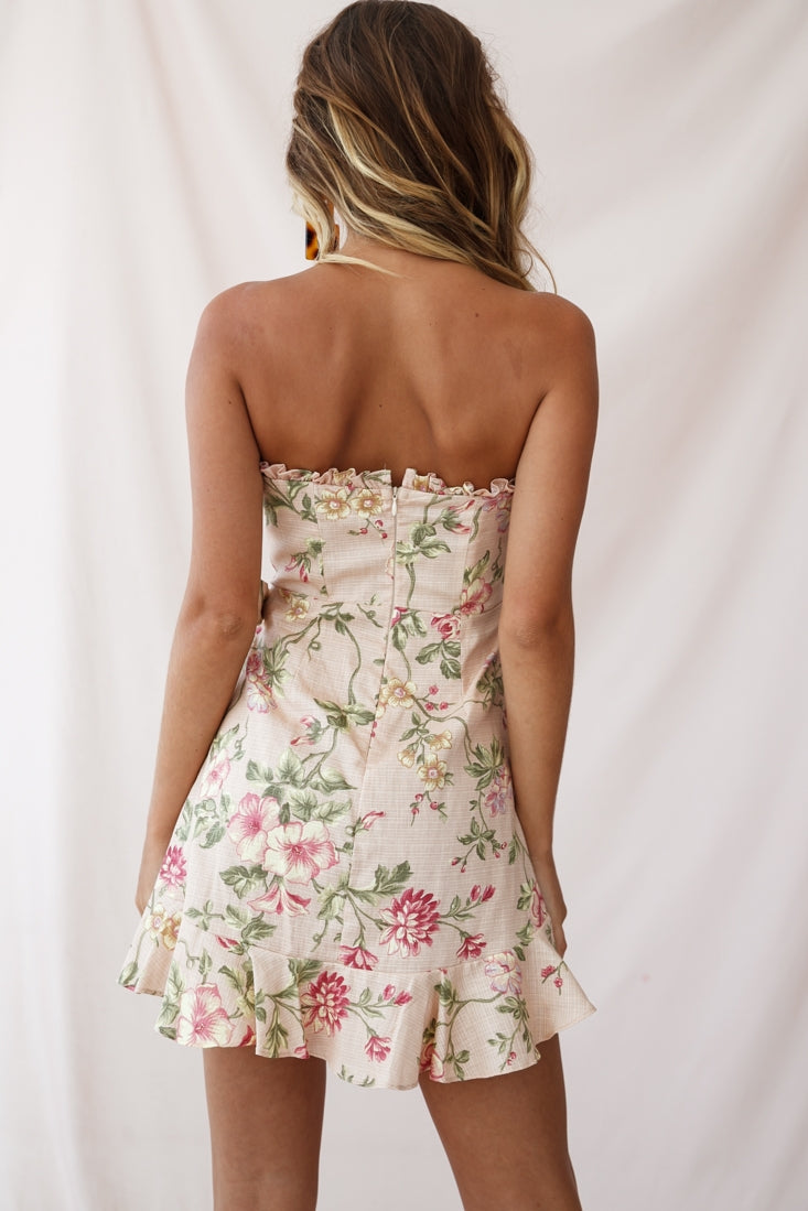 Stacey Frill Bustier Wrap Dress Floral Print Nude