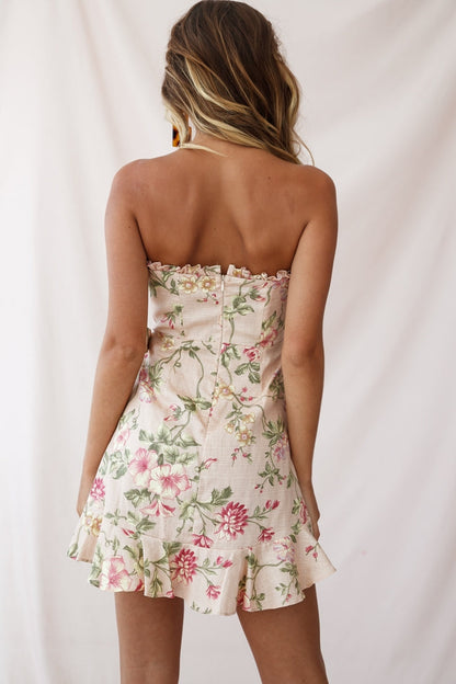 Stacey Frill Bustier Wrap Dress Floral Print Nude