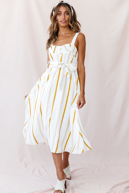 Colmar Wide Strap Midi Dress White Mustard Stripe