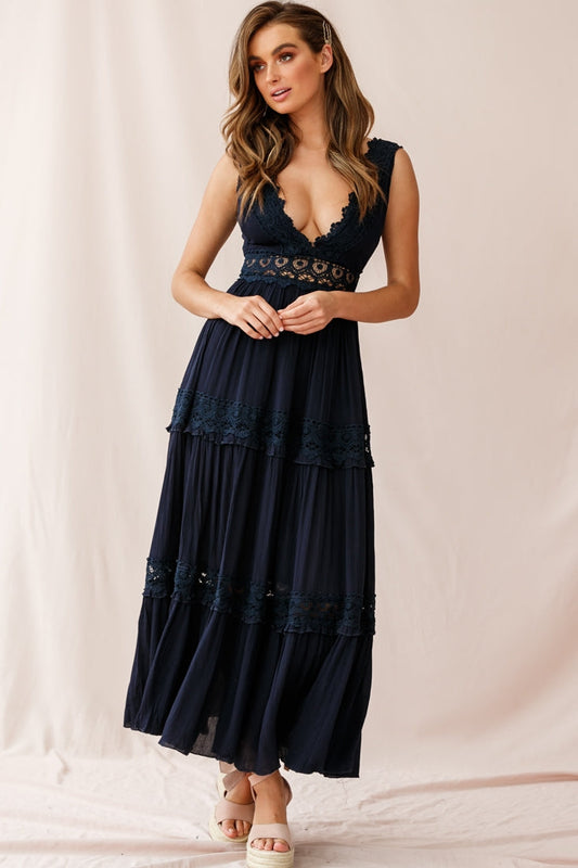 Indio Crochet Insert Deep V-Neckline Maxi Dress Navy