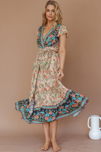 Mayan Angel Sleeve Wrap Midi Dress Floral Nude