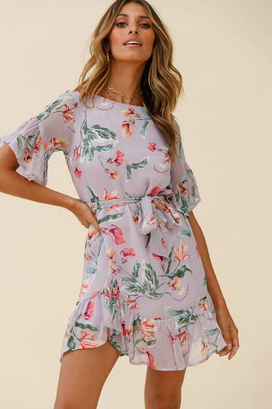 Azealia Ruffle Hem Dress Botanic Print Purple