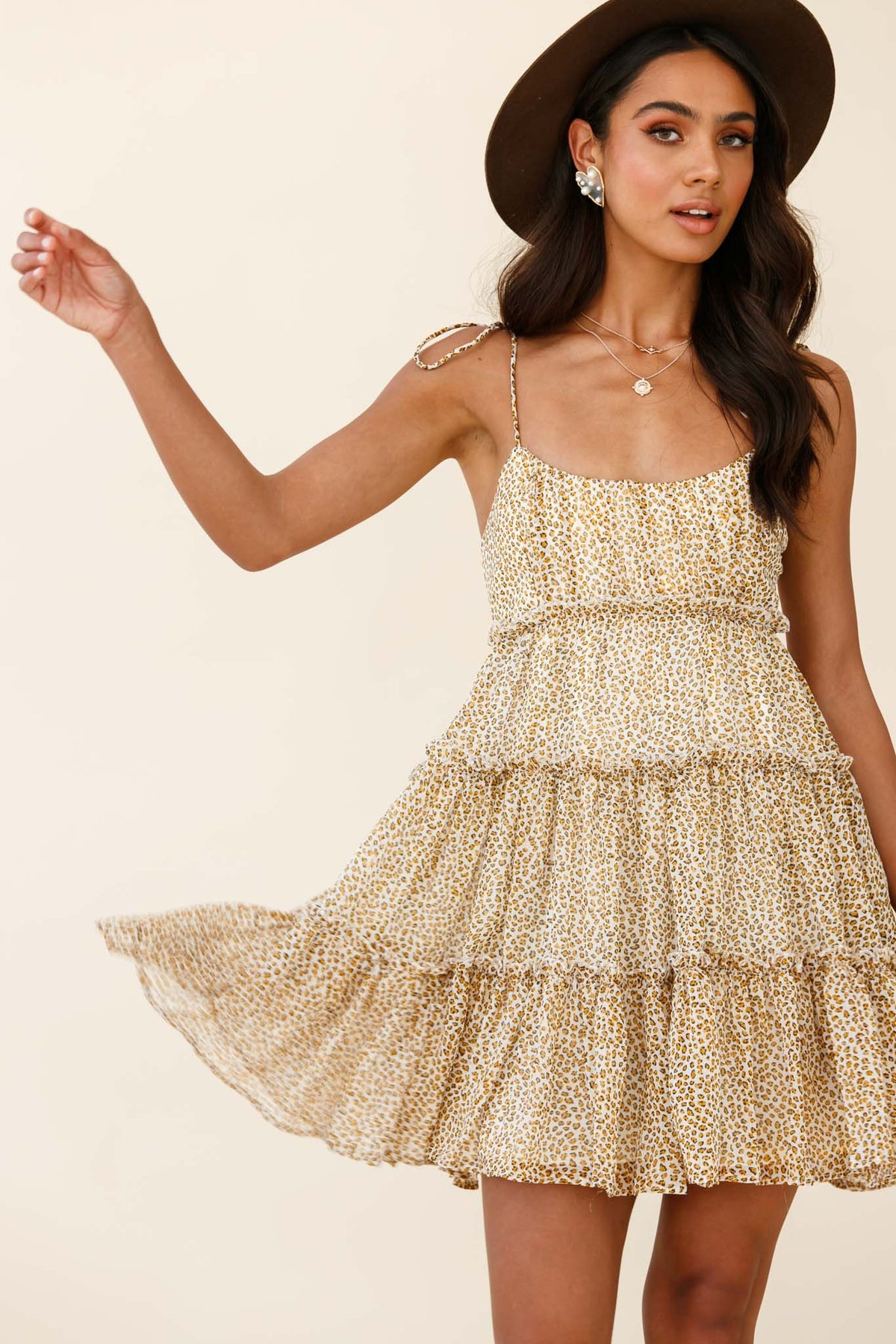 Rumi String Tie Babydoll Dress Leopard Print Mustard