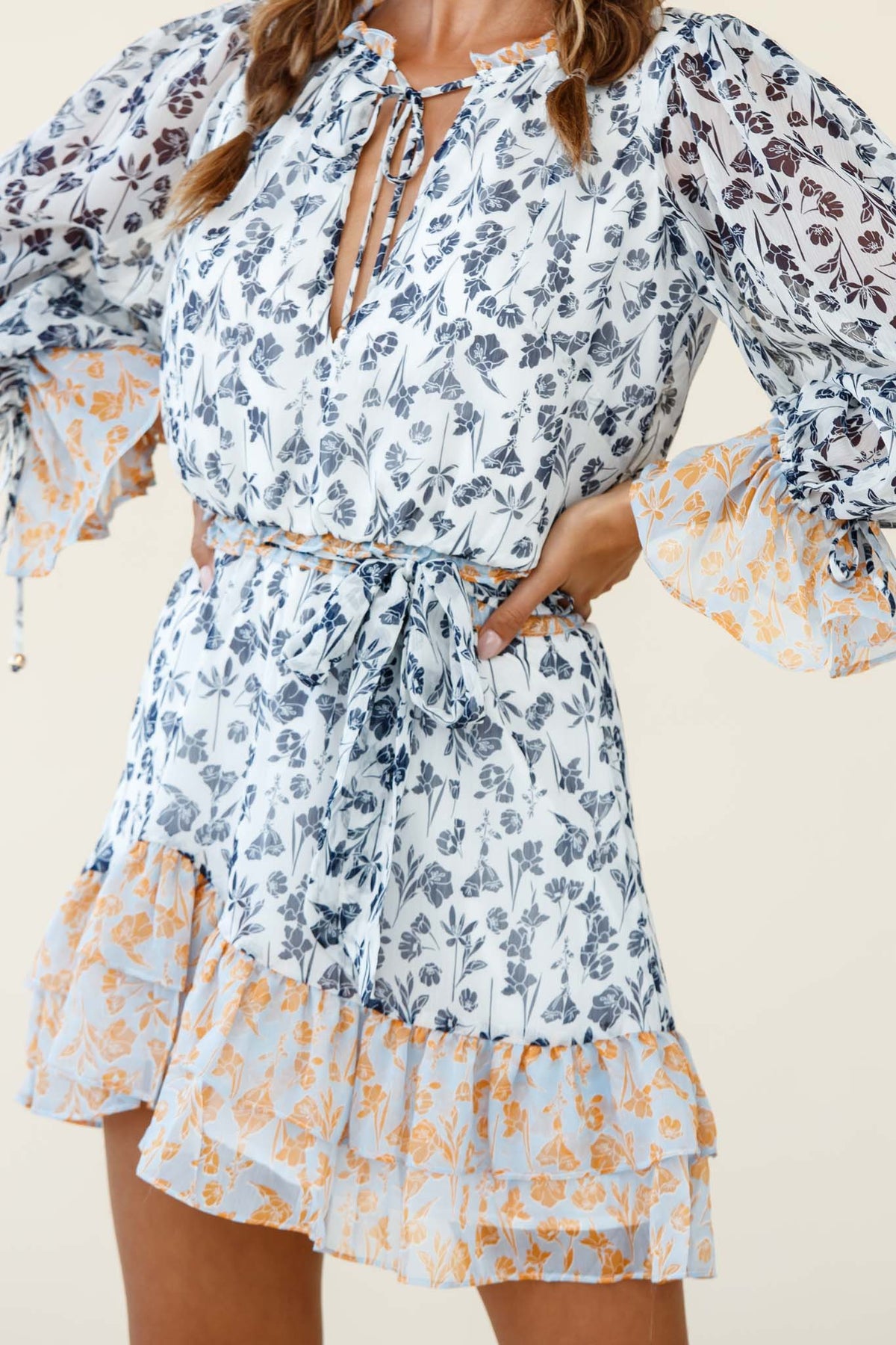 Prague Long Sleeve Ruffle Hem Dress Floral Print Navy/White Multi