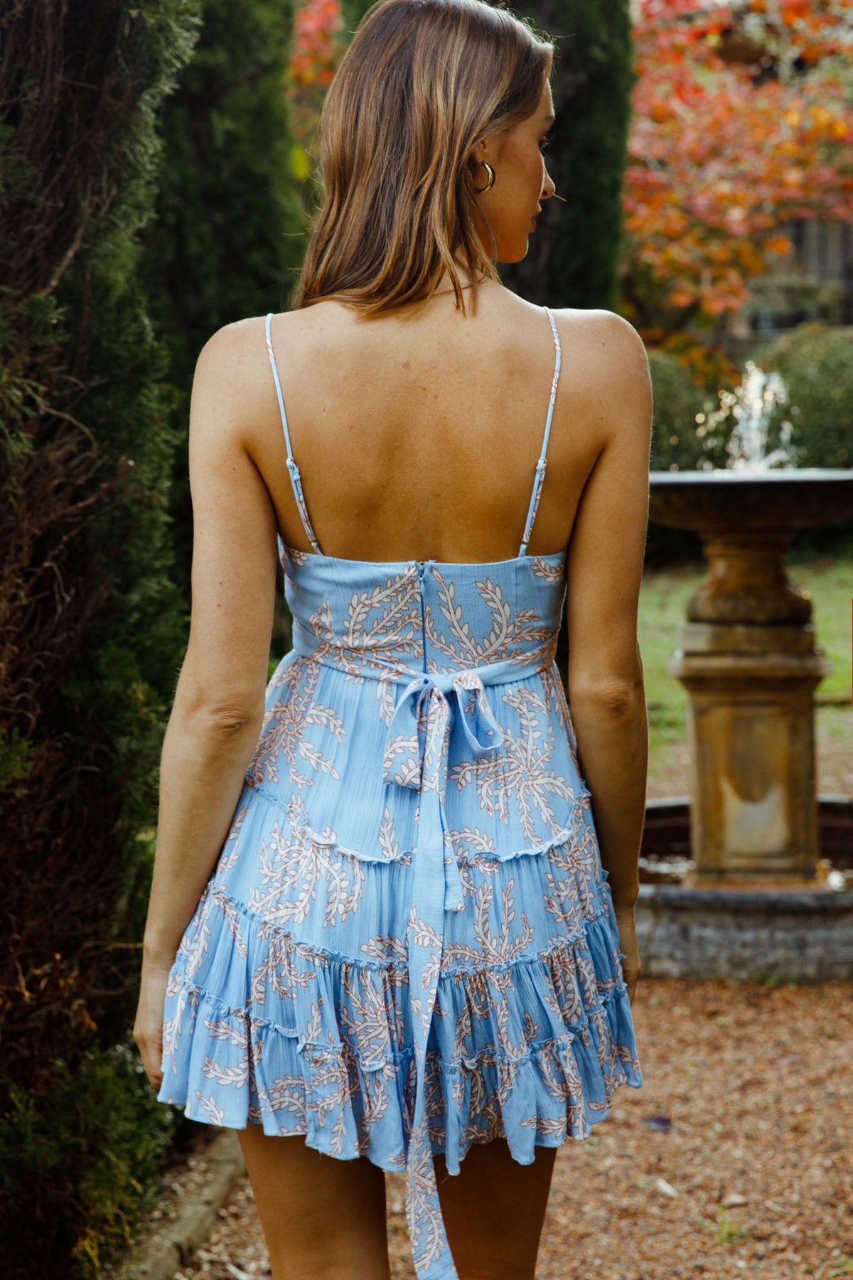Jocelyn Cami Strap Waist Tie Ruffle Dress Leaf Print Blue
