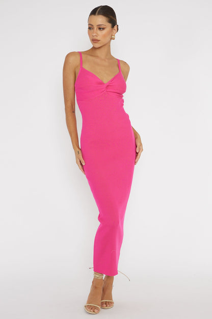 Lover's High Twist Bust Knit Midi Dress Hot Pink