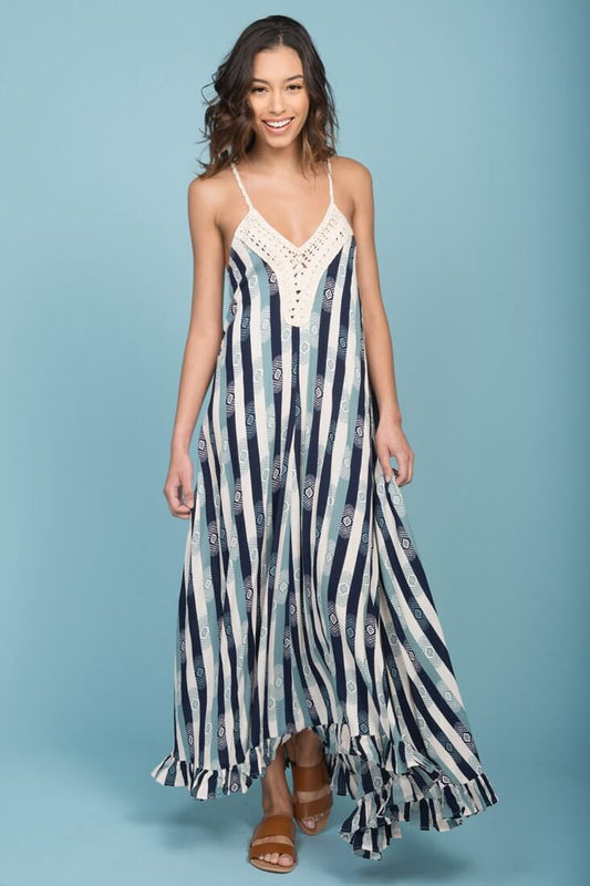 Tristan Striped Crochet Detail Maxi Dress Navy & Beige