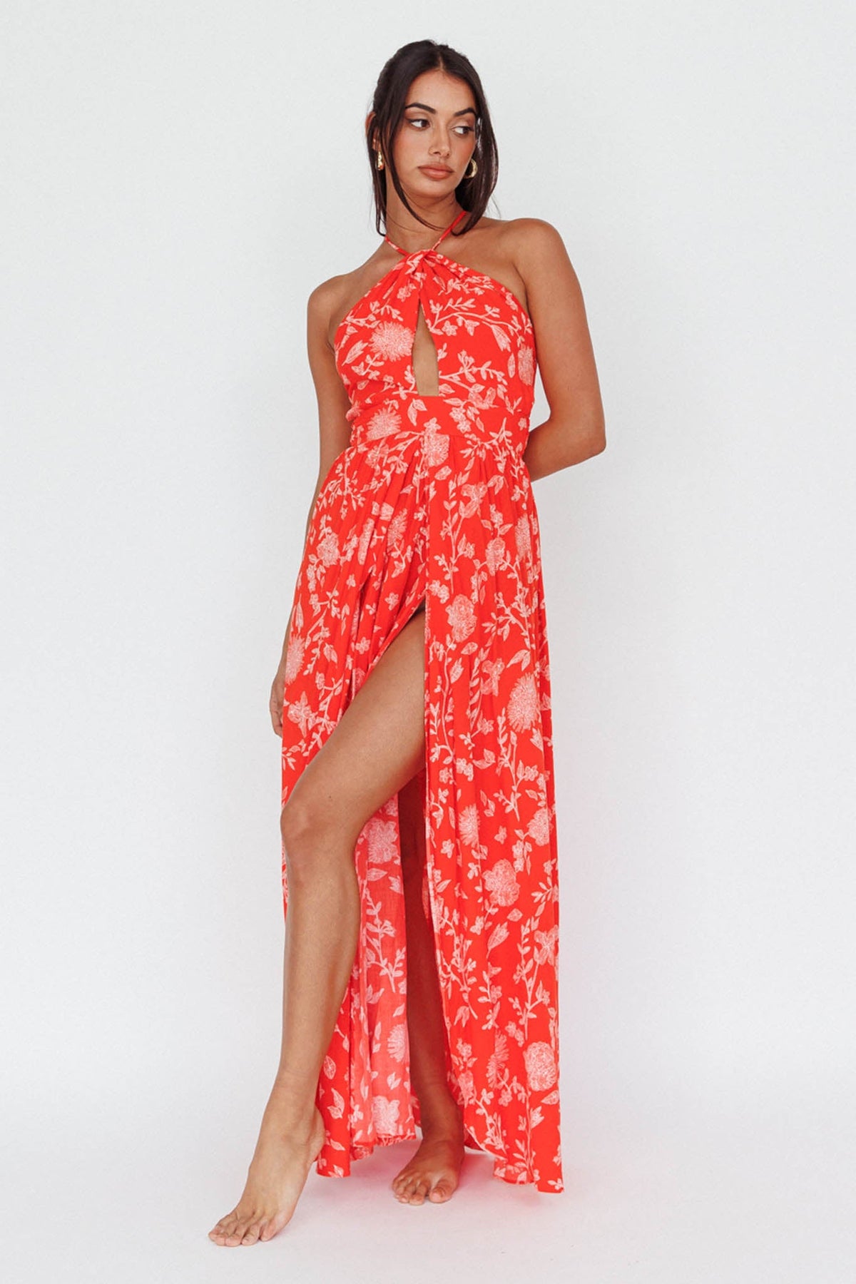 Athena High Split Maxi Dress Floral Print Red