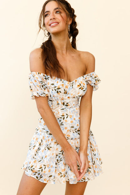 Linka Off-Shoulder Tie Back Fluted Hem Dress Leaf Print Orange/Blue