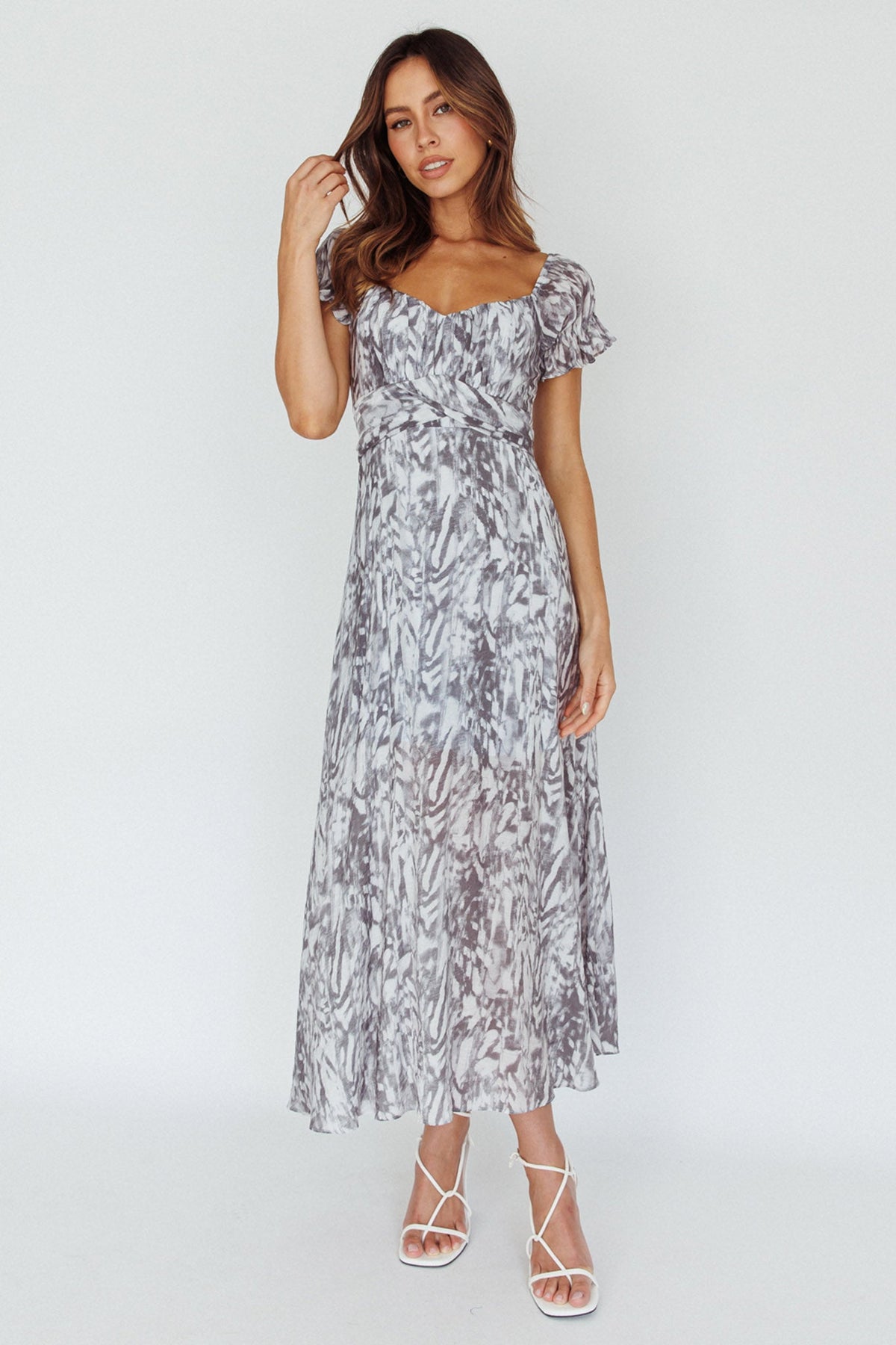 Linka Off-Shoulder Tie Back Midi Dress Printed Grey
