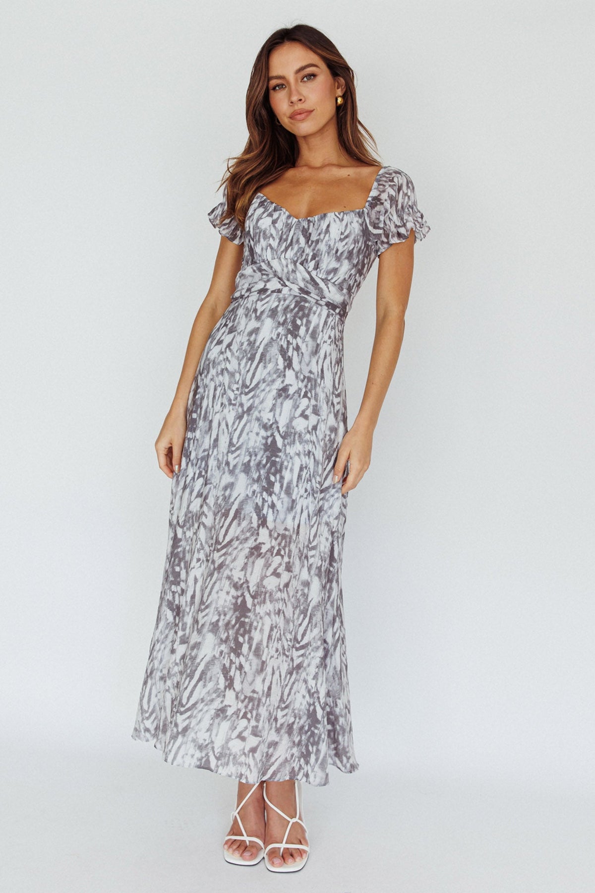 Linka Off-Shoulder Tie Back Midi Dress Printed Grey