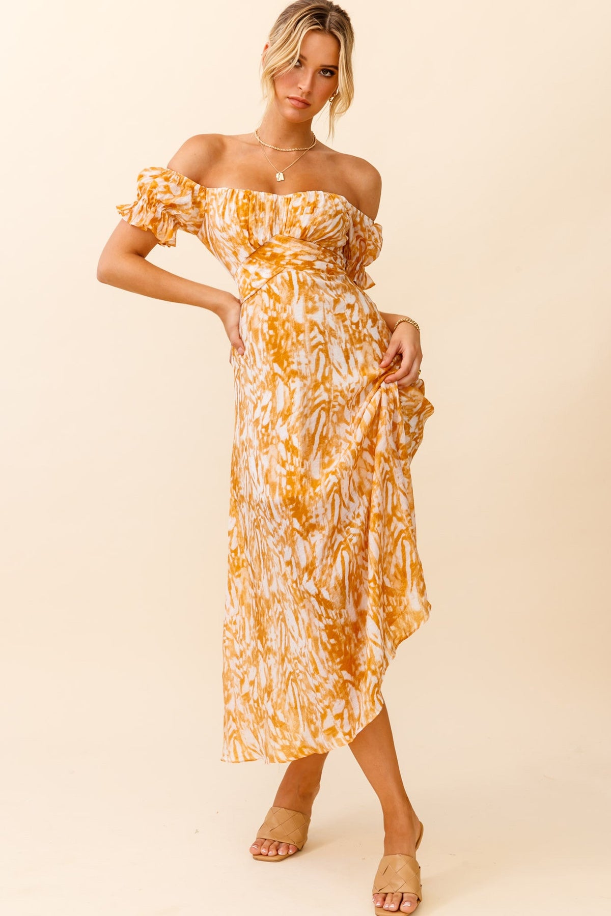 Linka Off-Shoulder Tie Back Midi Dress Printed Orange