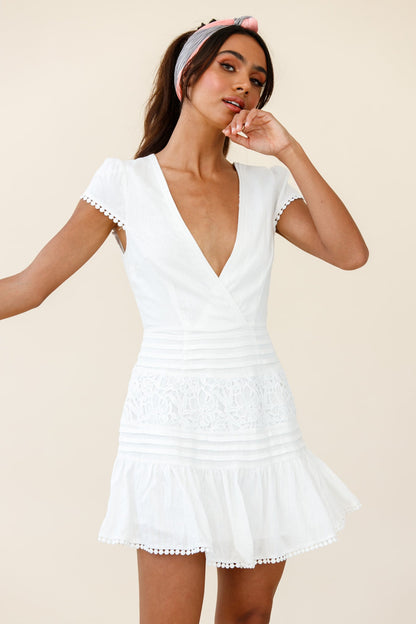 Storybook Cap Sleeve Pintuck Detail Dress White
