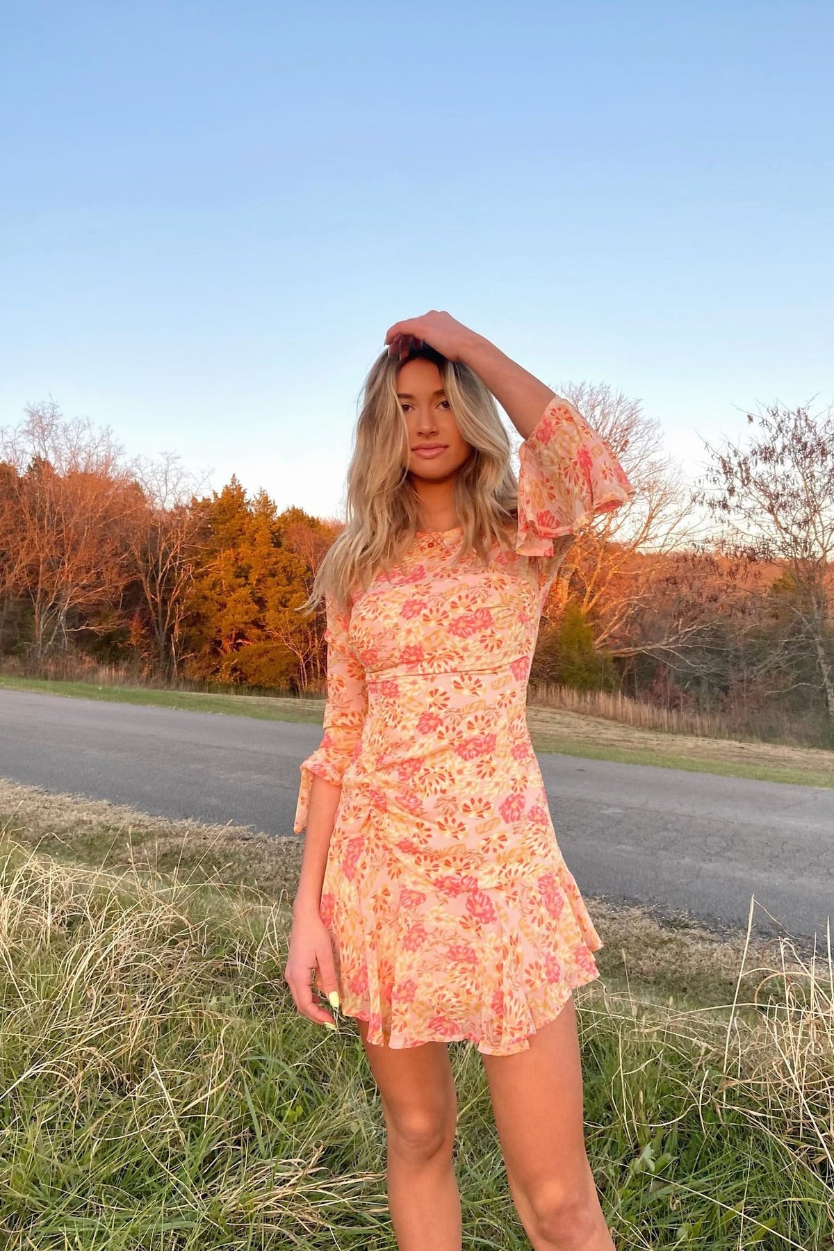 Adalia Long Sleeve Flared Cuff Dress Floral Print Pink