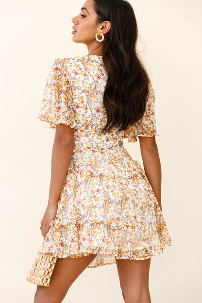 Stolen Moments Angel Sleeve Ruffle Dress Floral Print Yellow Multi